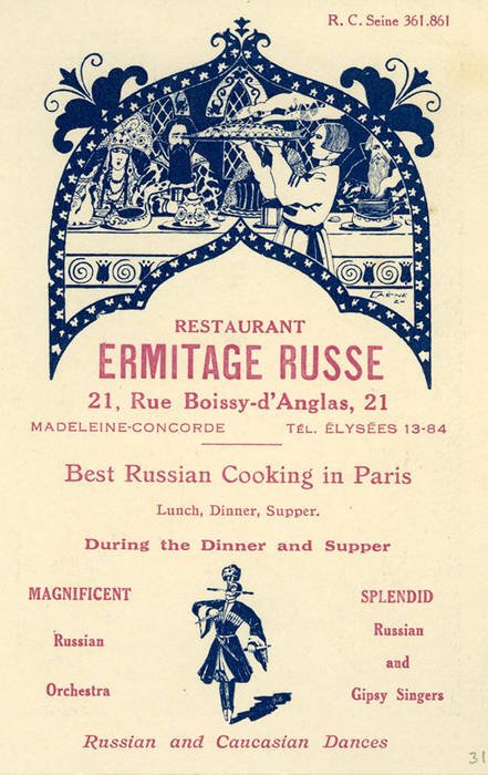 Carte de visite du restaurant "Ermitage russe" situé à Paris