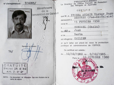 Certificate issued by OFPRA to Victor-Hugo Iturra Andaur, Chilean refugee © Collection particulière Victor-Hugo Iturra Andaur, Atelier du bruit