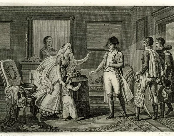 Gravure représentant Napoléon Bonaparte et une Egyptienne accompagné de son fils.