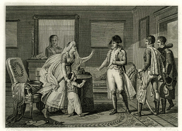 Gravure représentant Napoléon Bonaparte et une Egyptienne accompagné de son fils.