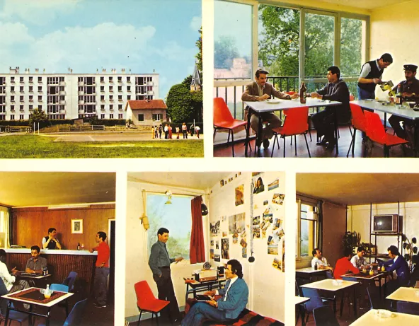 Carte postale du foyer Sonacotra d'Argenteuil (53, avenue du Parc). La carte est divisée en cinq vignettes. Elles présentent une vue d'ensemble et extérieure de l'immeuble, différents espaces communs et de vie du foyer, ainsi qu'une chambre où sont réunis deux habitants dans la partie inférieure centrale.