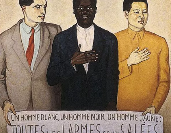 Au premier plan, trois hommes, un européen, un africain et un asiatique aisément identifiables par leur physionomie et leurs tenues stéréotypées sont représentés en train de tenir une banderole blanche sur laquelle est inscrite en lettrage noir une citation de du poète d’origine russe Claude Aveline : « Un homme blanc, un homme noir, un homme jaune : toutes les larmes sont salées ». En partie haute, une femme de dos se cache le visage.