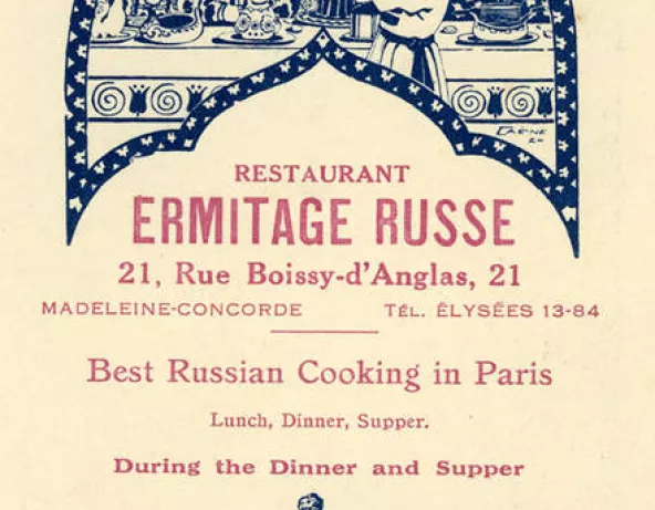 Carte de visite du restaurant "Ermitage russe" situé à Paris