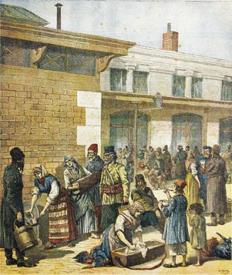 “Campement d’émigrants juifs à la gare de Lyon”. Couverture du Petit Journal, 10 septembre 1892 © Musée national de l’histoire et des cultures de l’immigration, CNHI