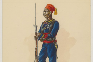 aquarelle d'un caporal tirailleur sénégalais, armé et en costume bleu et rouge