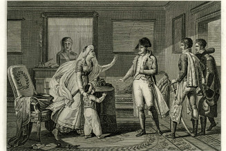 Gravure représentant Napoléon Bonaparte et une Egyptienne accompagné de son fils.