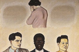 Au premier plan, trois hommes, un européen, un africain et un asiatique aisément identifiables par leur physionomie et leurs tenues stéréotypées sont représentés en train de tenir une banderole blanche sur laquelle est inscrite en lettrage noir une citation de du poète d’origine russe Claude Aveline : « Un homme blanc, un homme noir, un homme jaune : toutes les larmes sont salées ». En partie haute, une femme de dos se cache le visage.