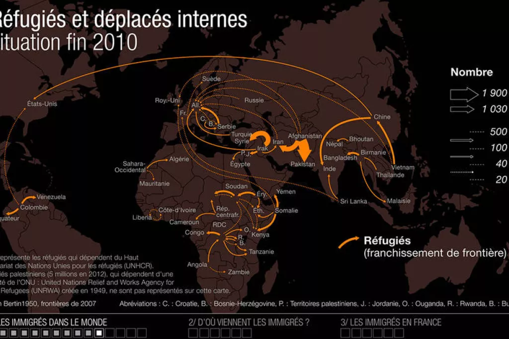 Réfugiés, demandeurs d'asiles et déplacés - fin 2010 - carte 1© Atelier de cartographie de Sciences Po : Marie-Françoise Durand, Benoît Martin, Patrice Mitrano 