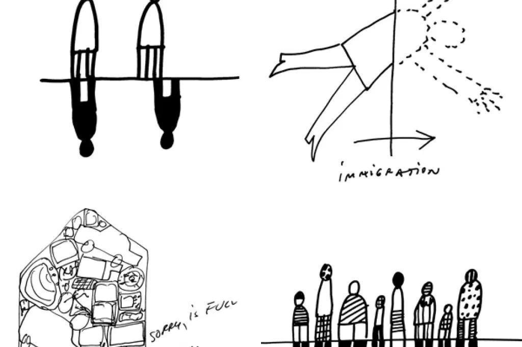 Dessins de Dan Perjovschi réalisés en 2001, 2003 et 2010.