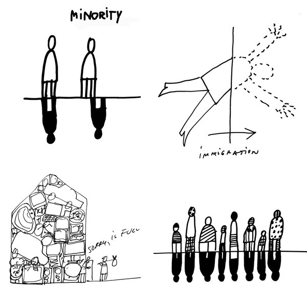Dessins de Dan Perjovschi réalisés en 2001, 2003 et 2010.