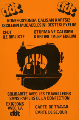 "Solidarité avec les travailleurs sans papiers de la confection. Exigeons avec la CFDT : carte de travail, carte de séjour." Illustration anonyme pour une affiche vers 1979. © Coll. Dixmier/KHARBINE-TAPABOR