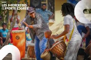 Affiche du Mercredi de la porte dorée sur le cycle de la mémoire et de l'esclavage. Un homme et une femme qui font de la musique dehors