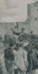 "Aigues-Mortes. La porte de la reine : collision entre les ouvriers français et italiens". Gravure publiée dans Le Monde illustré, 2 novembre 1893 © Collection Kharbine-Tapabor
