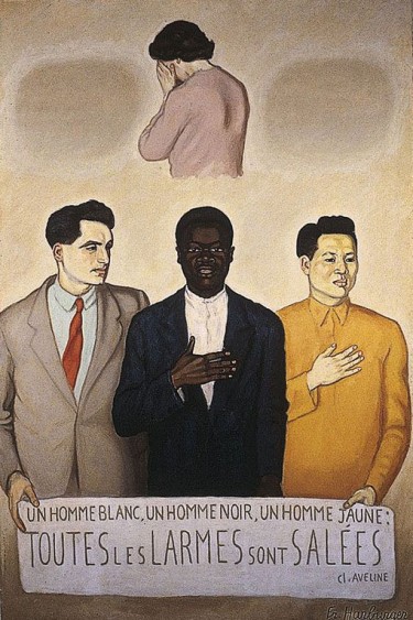 Au premier plan, trois hommes, un européen, un africain et un asiatique aisément identifiables par leur physionomie et leurs tenues stéréotypées sont représentés en train de tenir une banderole blanche sur laquelle est inscrite en lettrage noir une citation de du poète d’origine russe Claude Aveline : « Un homme blanc, un homme noir, un homme jaune : toutes les larmes sont salées ». En partie haute, une femme de dos se cache le visage.