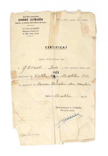 Certificat de travail délivré par la Société Citroën du 5 au 16 octobre 1953 © Musée national de l'histoire et des cultures de l'immigration 
