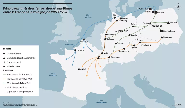 Carte des principaux itinéraires ferroviaires et maritimes entre la France et la Pologne, de 1919 à 1926