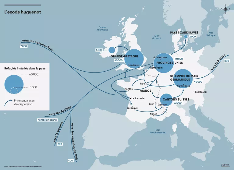Carte sur l'exil des huguenots