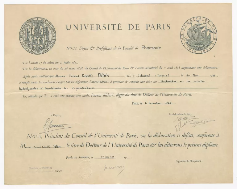 Diplôme de doctorat attribué à Fahrettin Petek