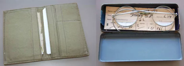 Portefeuille en tissu d’uniforme confectionné dans le camp de prisonniers par Serge et ses lunettes réalisées par un opticien allemand. 