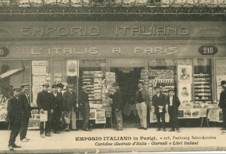 Emporio Italiano, Italian newspaper and bookshop on rue du Faubourg Saint-Antoine in Paris. Postcard.