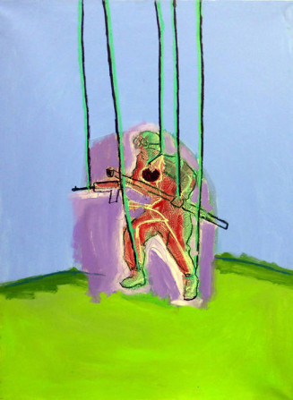 Banger, Sans titre (Soldat/ pantin sur fond bleu ciel), 1991.Technique mixte sur toile - Courtesy Collection agnès b.