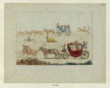 Anonyme, Fuite des émigrés, représentés en animaux, dans des carrosses, entre 1789 et 1791