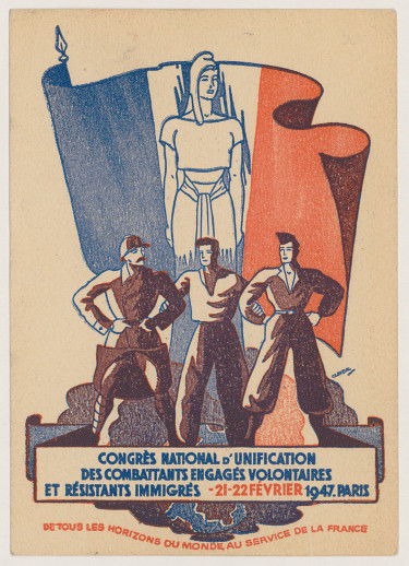 Carte postale du Congrès national d'unification des combattants engagés volontaires et résistants immigrés
